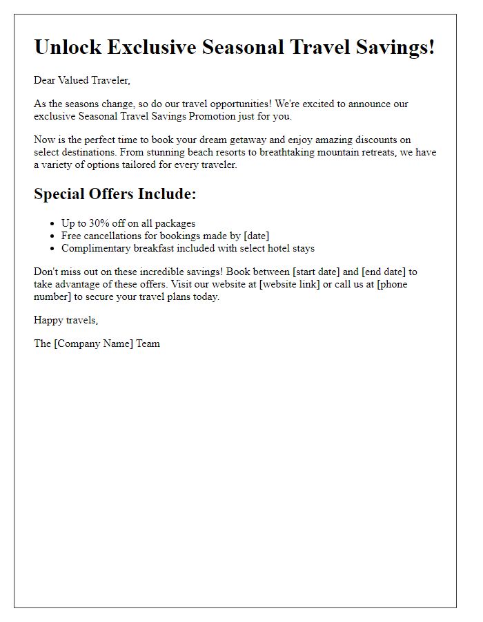 Letter template of seasonal travel savings promotion