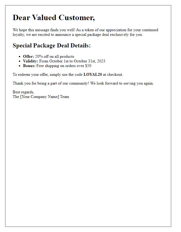 Letter template of special package deal for loyal customers