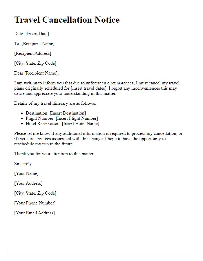 Letter template of travel cancellation due to unforeseen circumstances