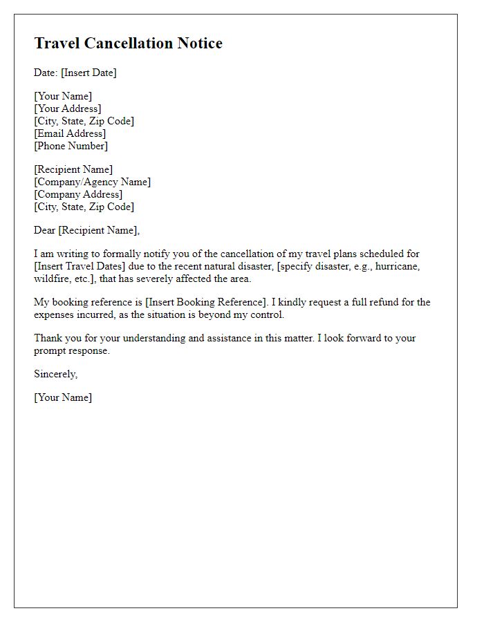 Letter template of travel cancellation from a natural disaster