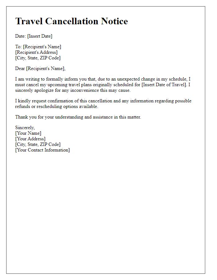 Letter template of travel cancellation for a sudden schedule change