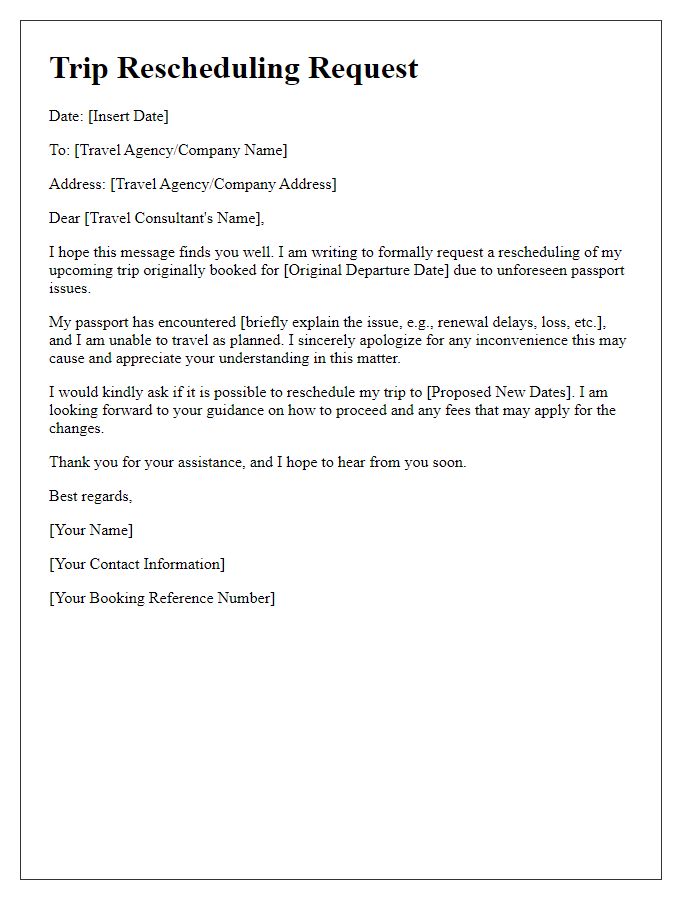 Letter template of trip rescheduling request for passport issues.