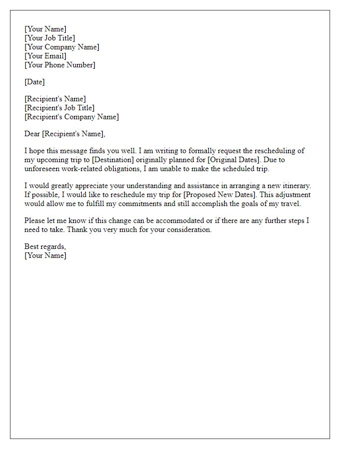 Letter template of trip rescheduling request for work-related obligations.