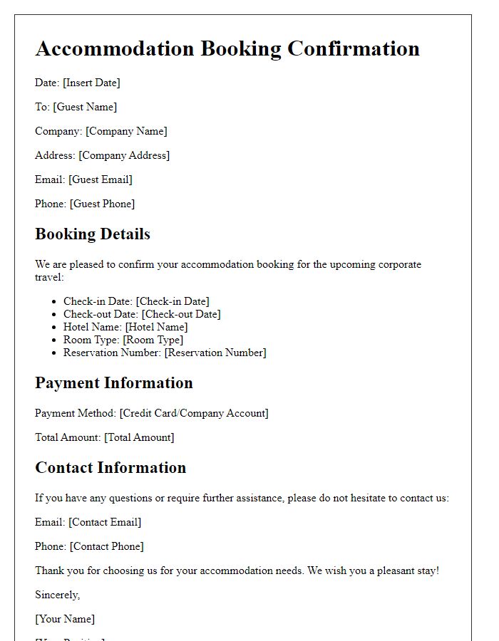 Letter template of corporate travel accommodation booking