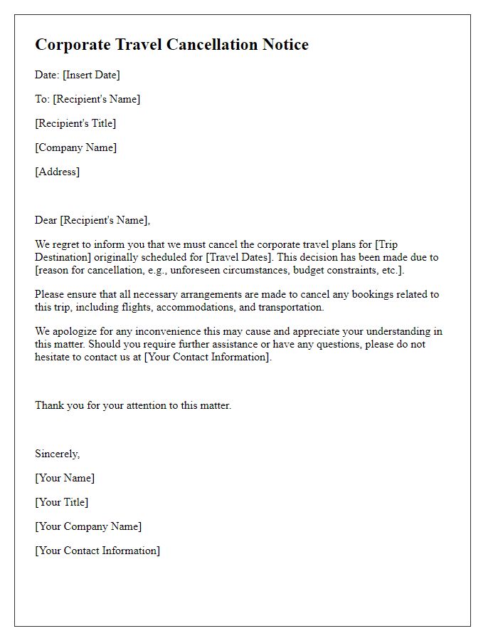 Letter template of corporate travel cancellation notice