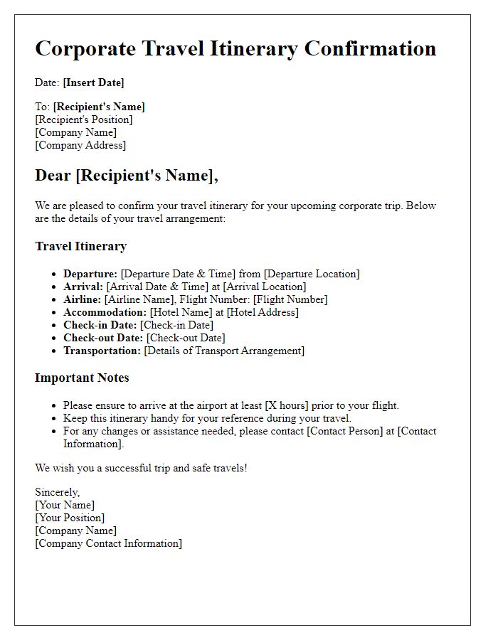 Letter template of corporate travel itinerary confirmation