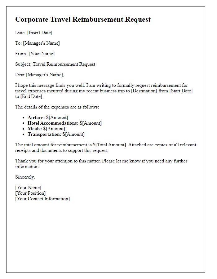 Letter template of corporate travel reimbursement