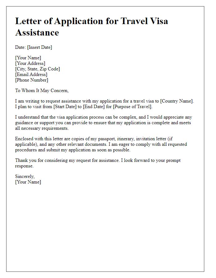 Letter template of application assistance for travel visa