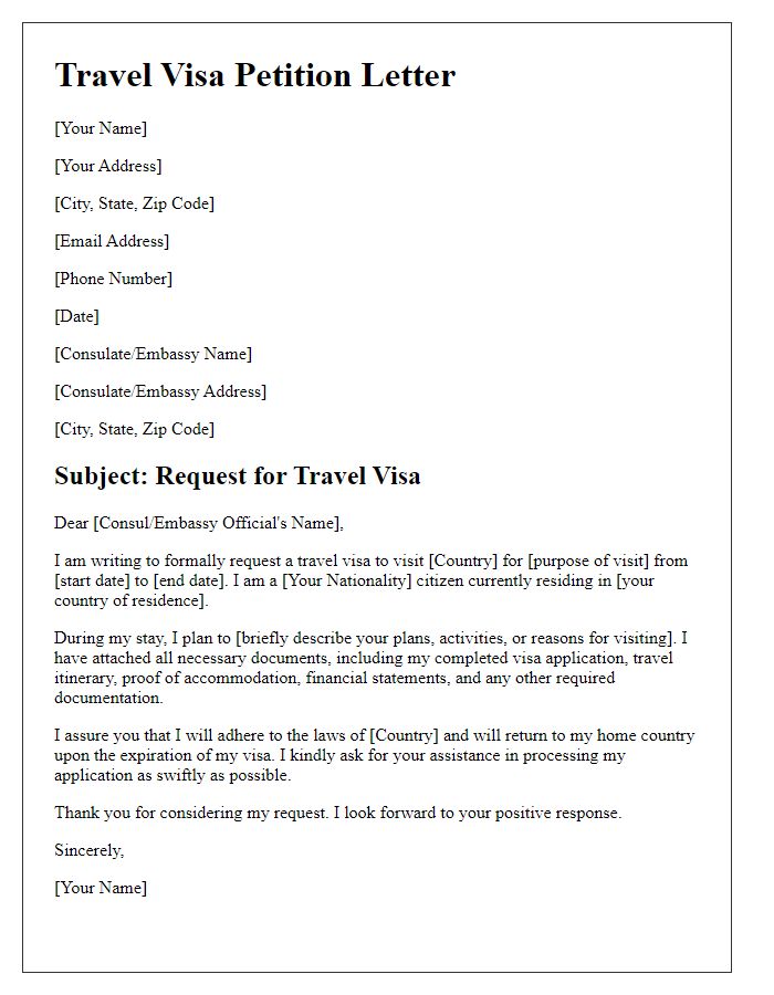 Letter template of travel visa petition help