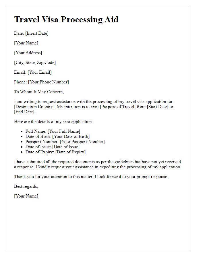 Letter template of travel visa processing aid