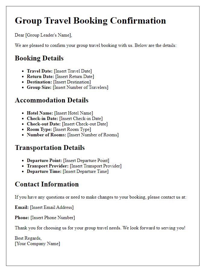 Letter template of group travel booking details.