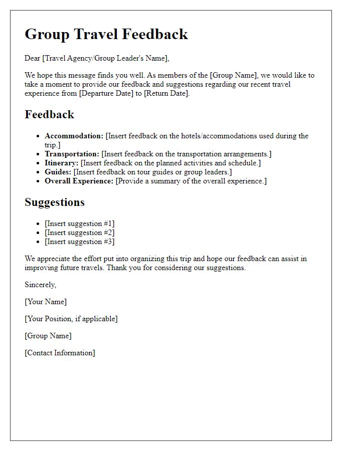 Letter template of group travel feedback and suggestions.