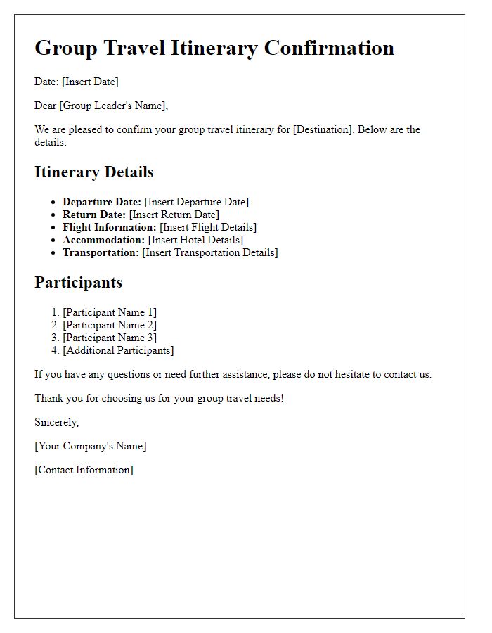 Letter template of group travel itinerary confirmation.