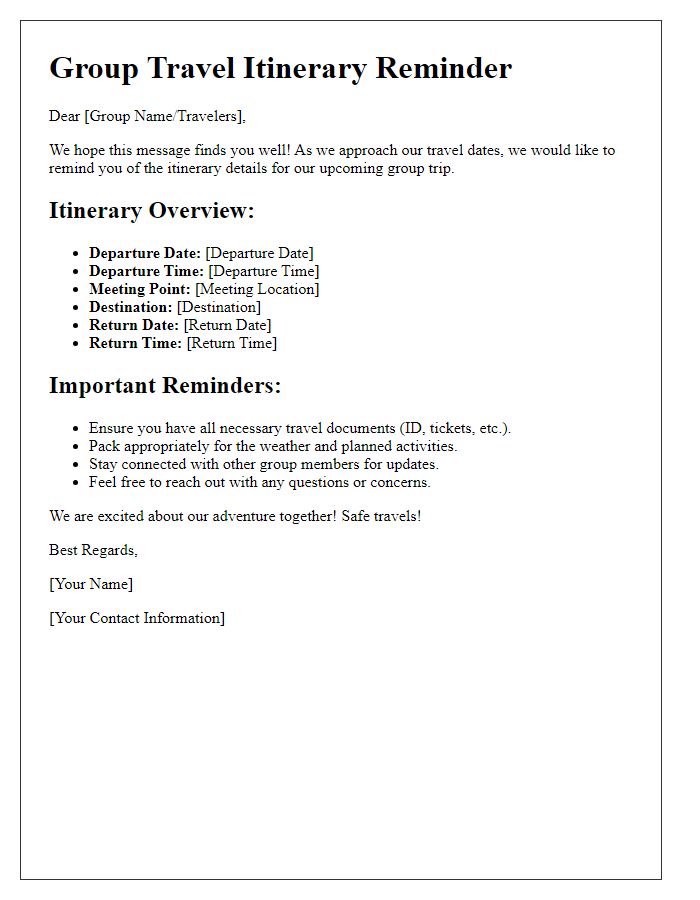 Letter template of group travel itinerary reminders.