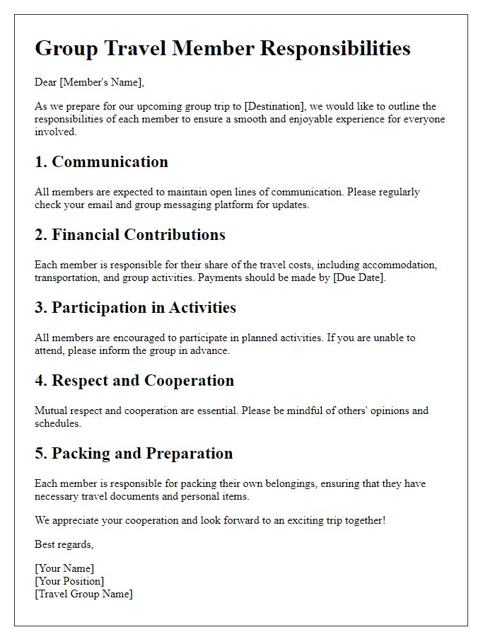 Letter template of group travel member responsibilities.