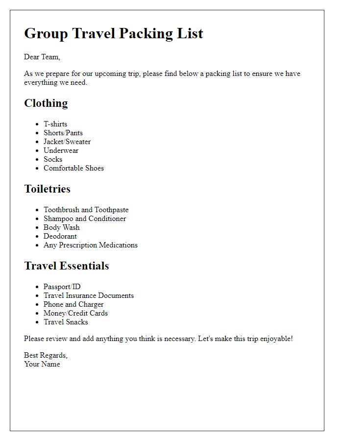 Letter template of group travel packing list.