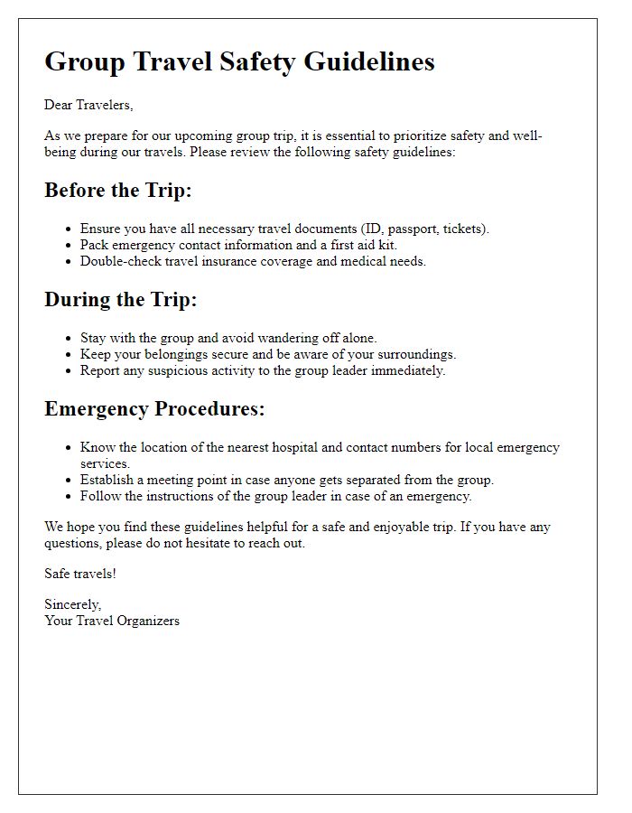 Letter template of group travel safety guidelines.