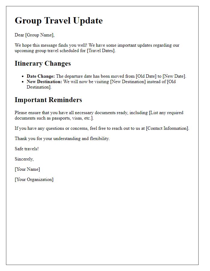 Letter template of group travel updates and changes.