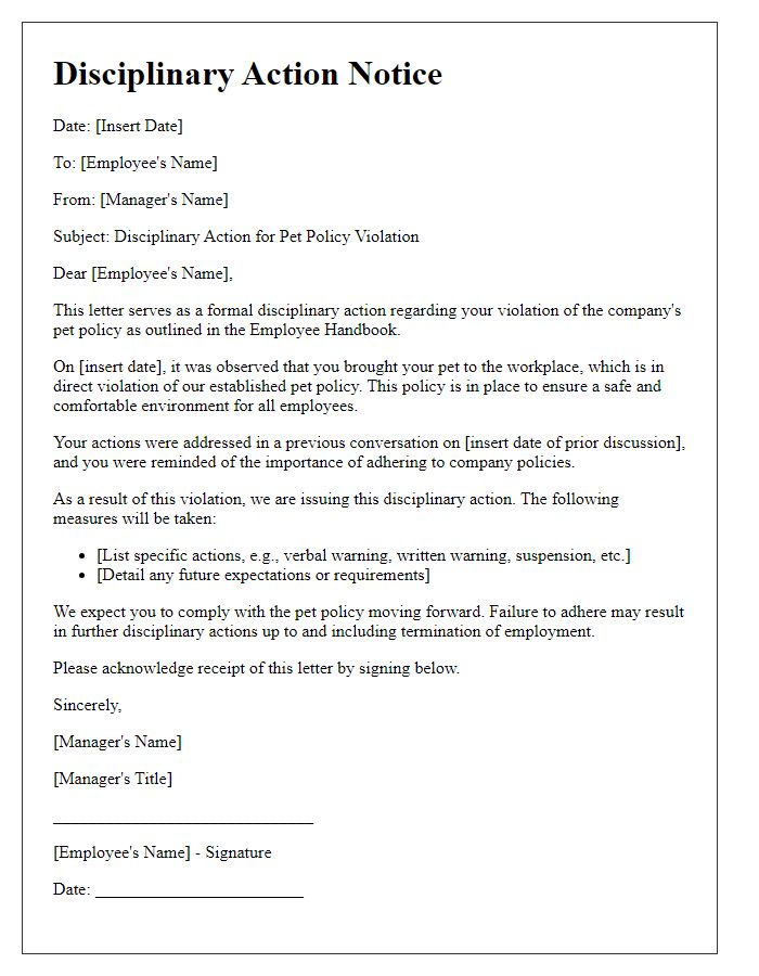 Letter template of disciplinary action for pet policy violation