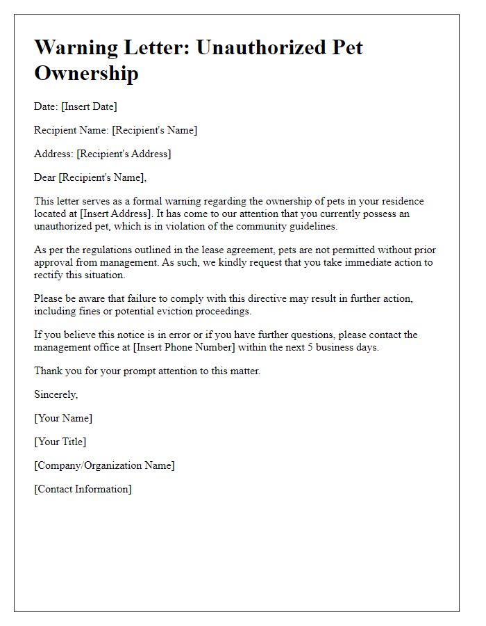 Letter template of warning regarding unauthorized pet ownership