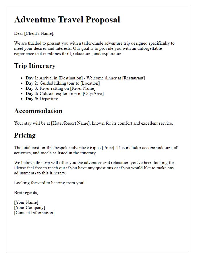 Letter template of bespoke adventure trips