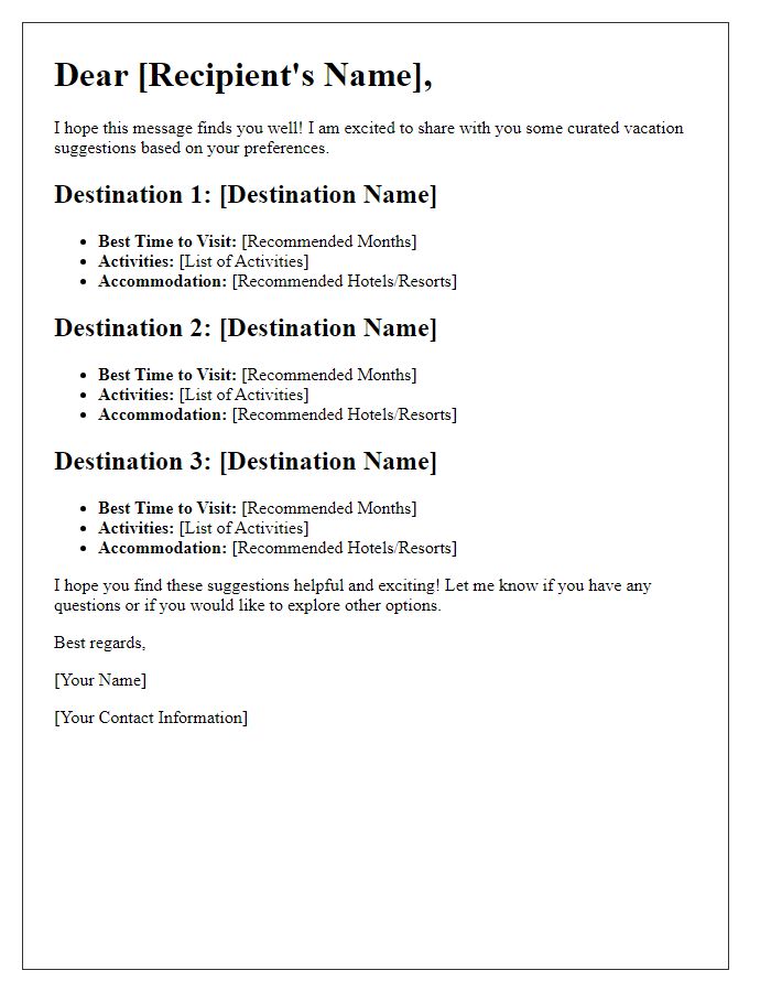 Letter template of curated vacation suggestions