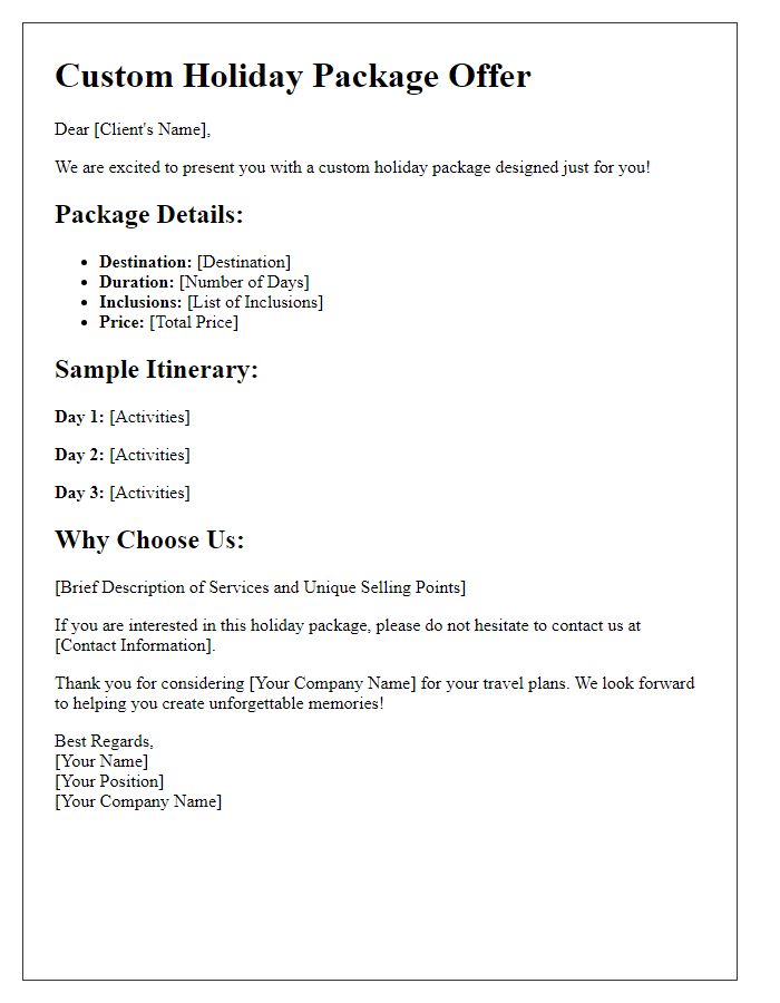 Letter template of custom holiday packages