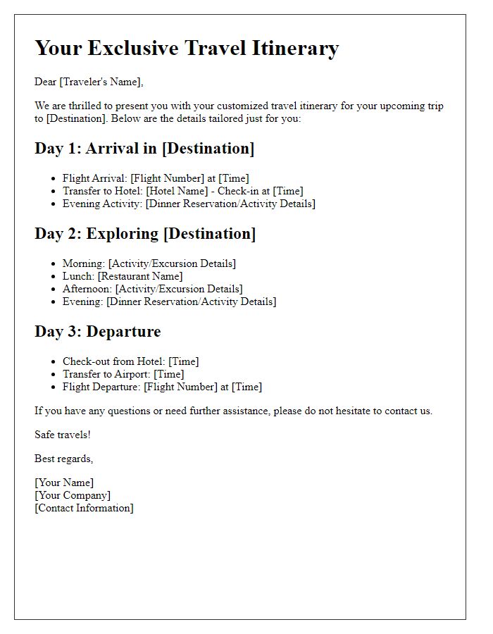 Letter template of exclusive travel itineraries