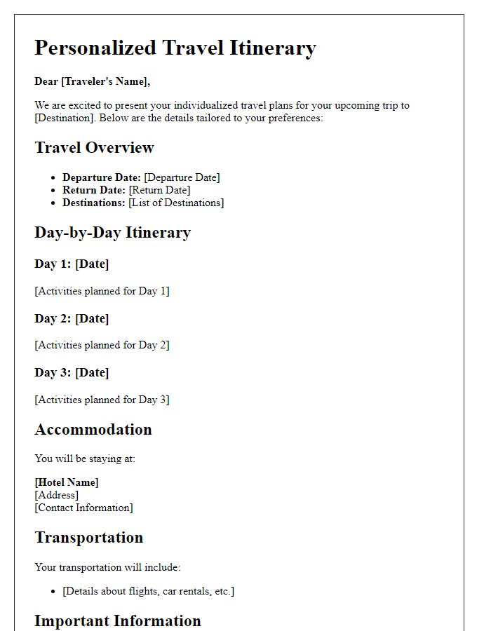 Letter template of individualized travel plans