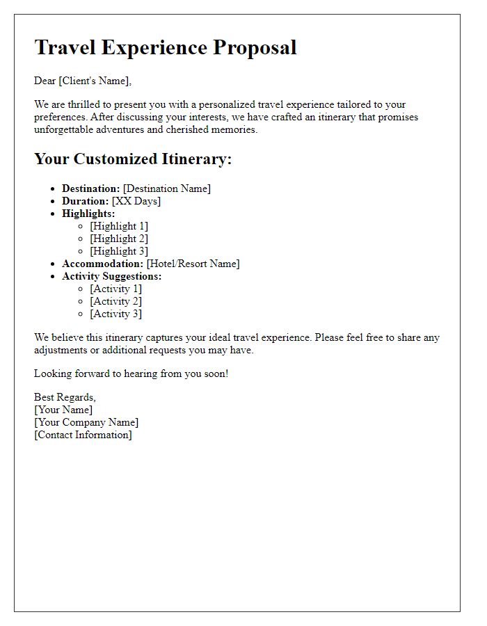 Letter template of made-to-measure travel experiences