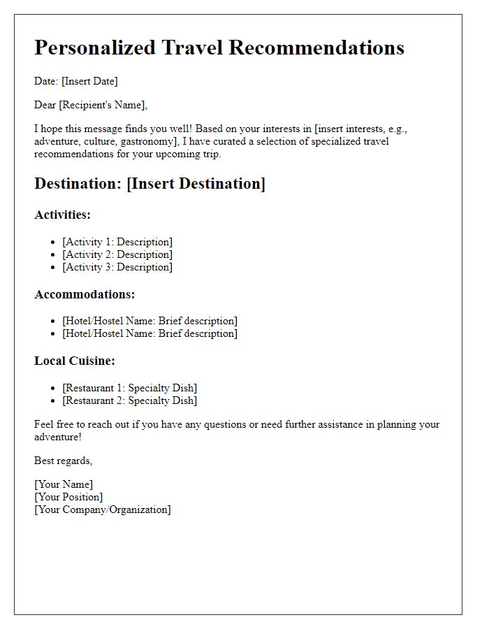 Letter template of specialized travel recommendations