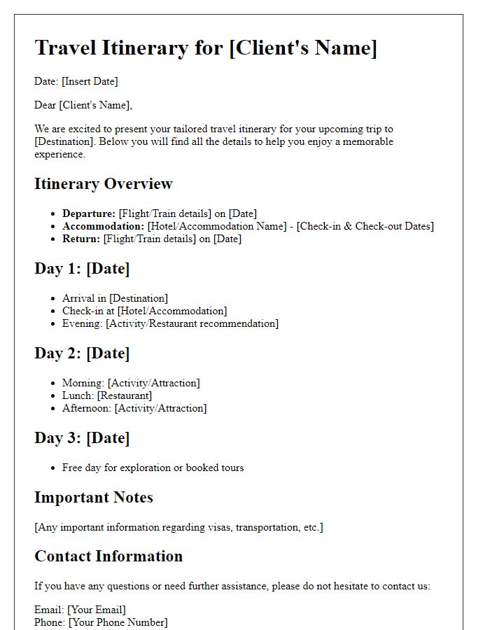 Letter template of tailored travel itineraries