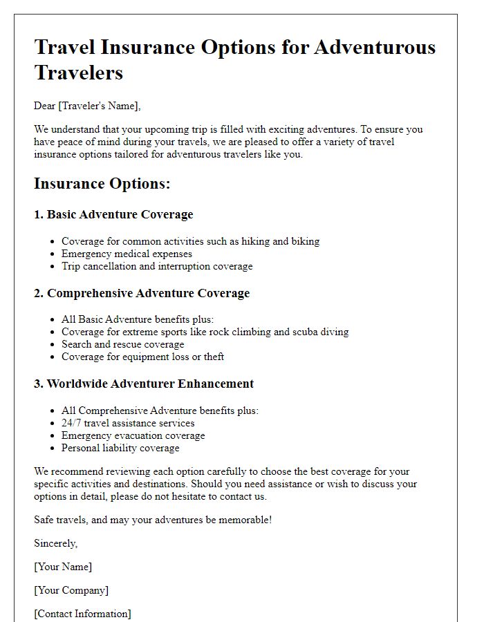 Letter template of travel insurance options for adventurous travelers.