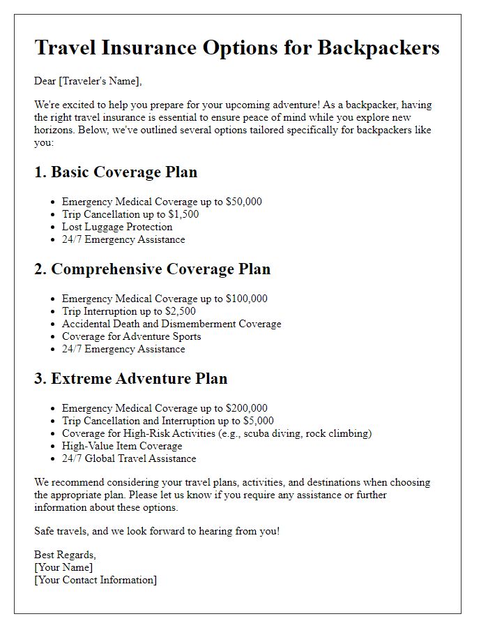 Letter template of travel insurance options for backpackers.