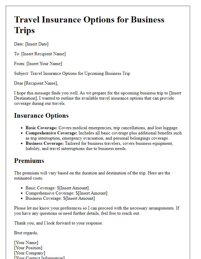 Letter template of travel insurance options for business trips.