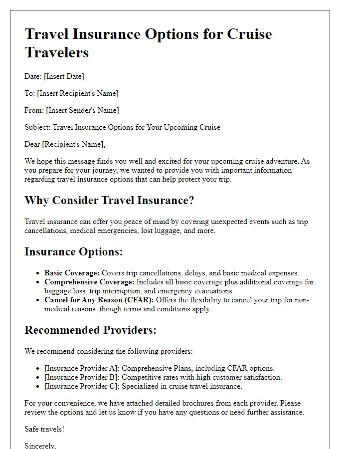 Letter template of travel insurance options for cruise travelers.