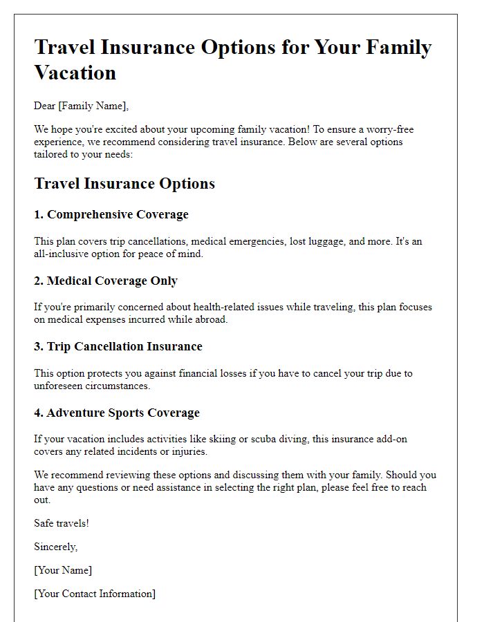 Letter template of travel insurance options for family vacations.