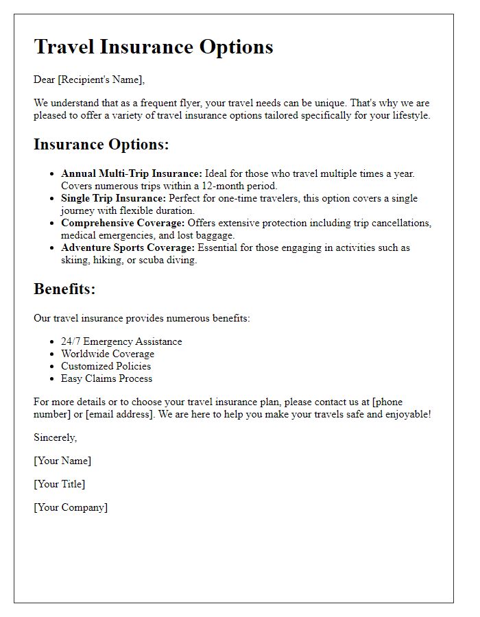 Letter template of travel insurance options for frequent flyers.