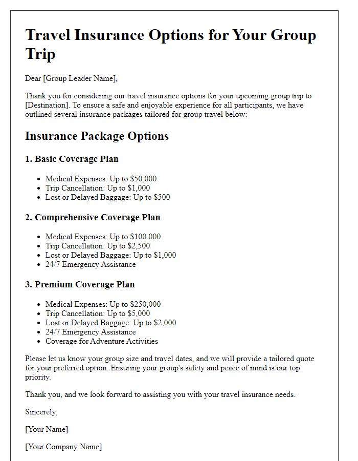 Letter template of travel insurance options for group travel.