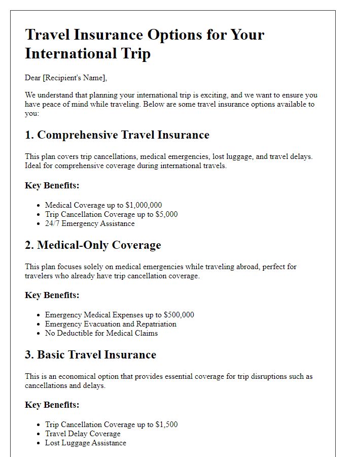 Letter template of travel insurance options for international trips.