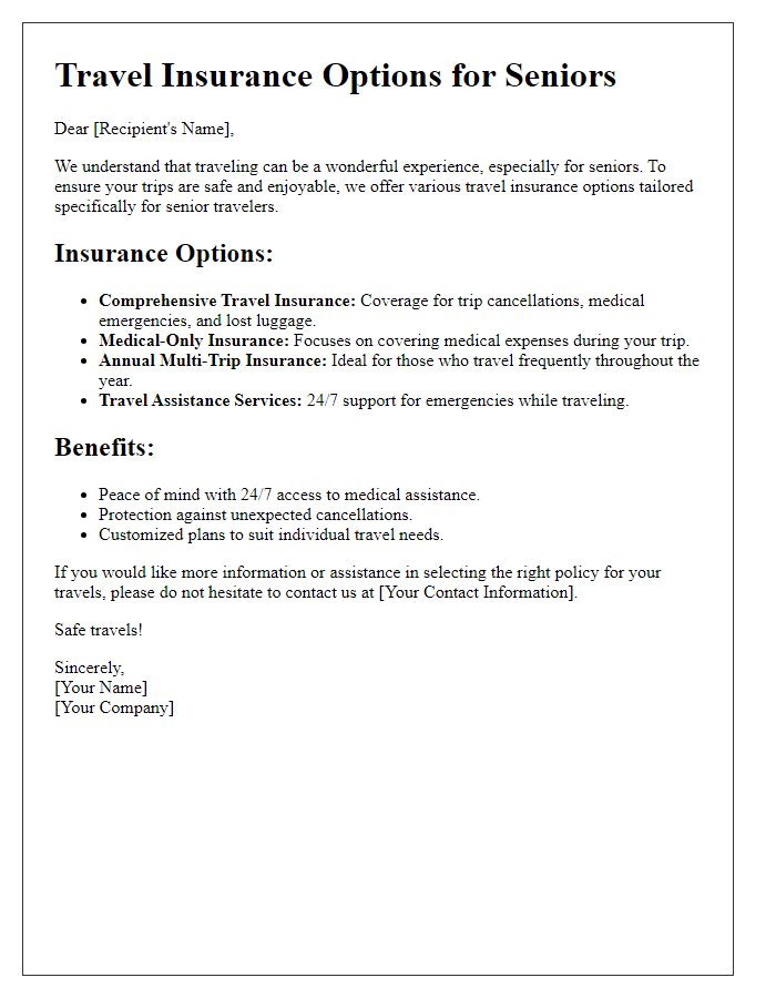 Letter template of travel insurance options for seniors.