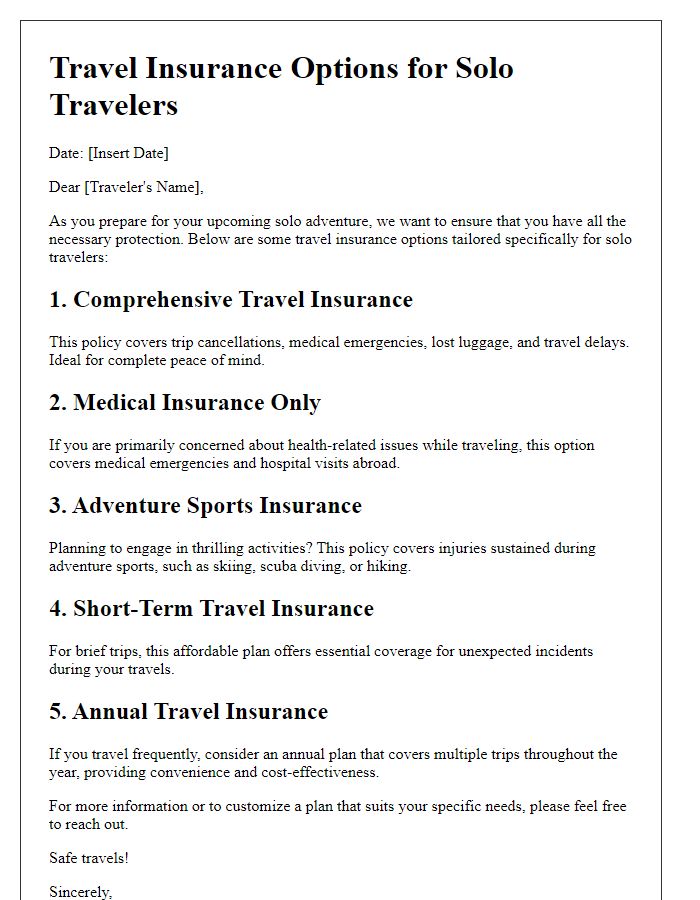 Letter template of travel insurance options for solo travelers.