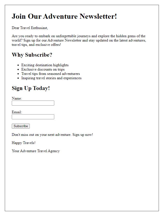 Letter template of travel agency adventure newsletter signup