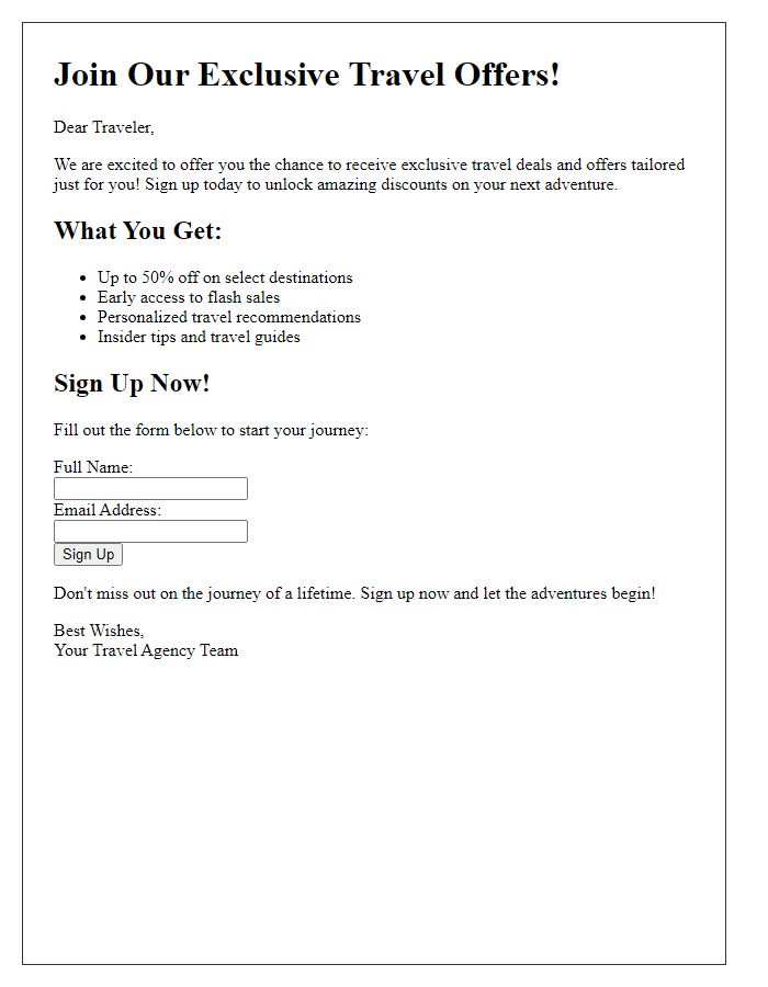 Letter template of travel agency exclusive offers signup