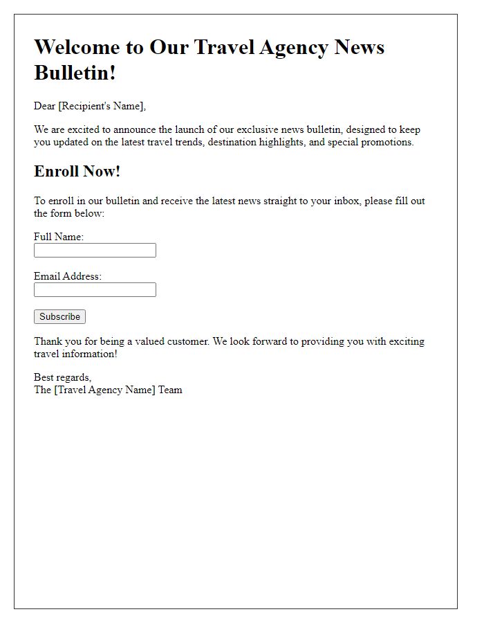 Letter template of travel agency news bulletin enrollment