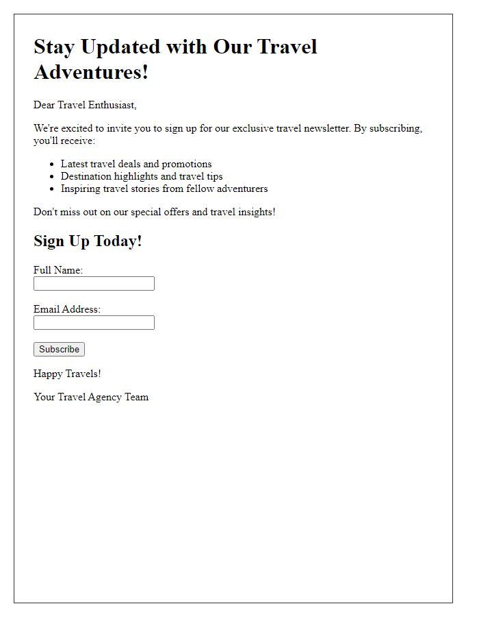 Letter template of travel agency newsletter sign-up