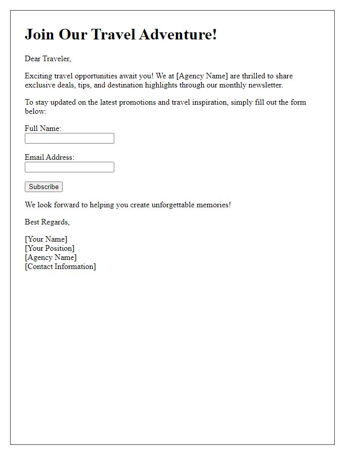 Letter template of travel agency promotional newsletter request