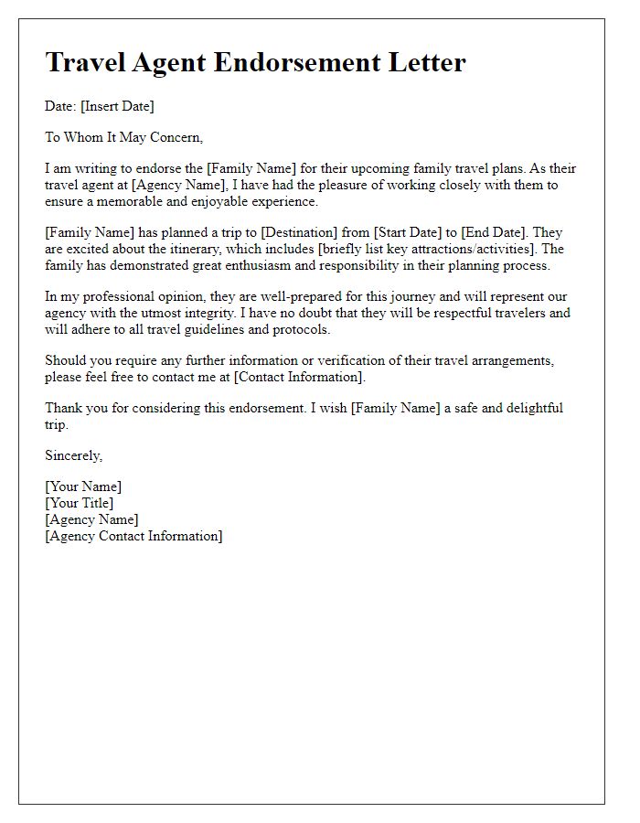 Letter template of travel agent endorsement for family travel.