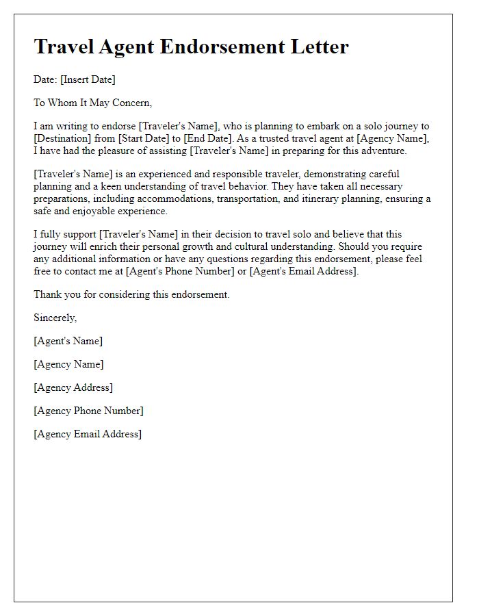 Letter template of travel agent endorsement for solo travelers.