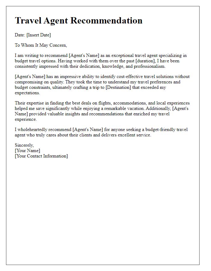 Letter template of travel agent recommendation for budget travel.